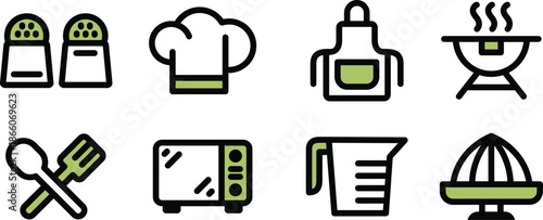 Modern Vector Icon Pack Kitchen tool set, mixing bowls, Knives, grater, colander for Web Design and User Interfaces