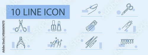 Nail care set icon. Line icons showing scissors, clipper, nail polish, cuticle tool, brush, nail art, glitter, manicure tools, artificial tip, file