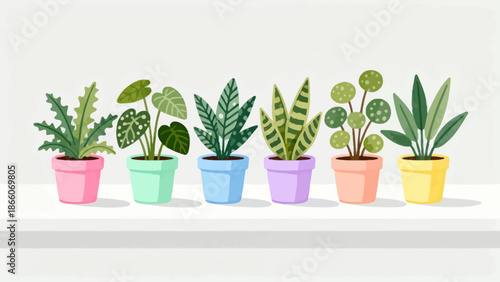 Row of potted plants on shelf
