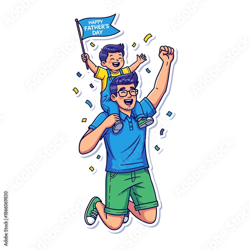 Joyful father carrying his happy son on shoulders, celebrating Father's Day with confetti, a heartwarming family moment depicting love and happiness