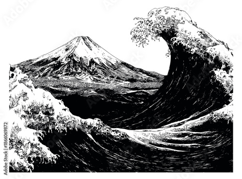 Hand drawn line art illustration of Mount Fuji and a powerful wave depicting a dramatic Japanese landscape for traditional art and travel designs