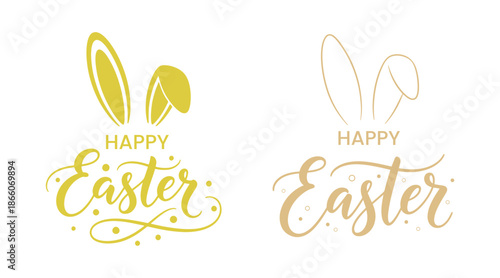 Happy easter hand lettering typography with bunny ears, easter greeting card, spring seasonal design