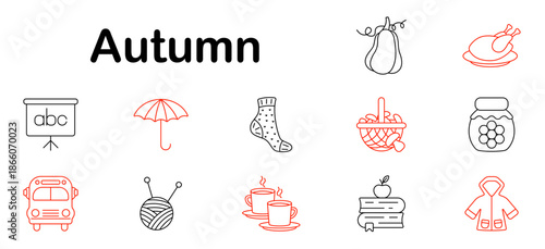 Autumn set icon. Pear, turkey, socks, tea, books, school bus, knitting, coat, jam, basket, umbrella, board, apple, harvest, comfort, season, fall, cozy, education.