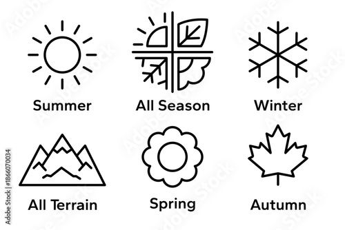 Season summer, autumn, winter, spring, all season, all terrain black line icon set. Season icons, label, sticker, banner, symbol, sign, emblem, logo, badge, web. Vector illustration.