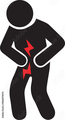stomach pain abdominal discomfort icon red lightning bolt pelvic pain silhouette figure isolated on white background.