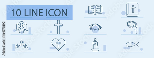 Christianity set icon. Line icons of cross, Bible, angel, rosary, candle, crown of thorns, heart with cross, graveyard, fish symbol, open scripture
