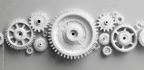 Multiple white gears with intricate teeth arranged on grey background, showcasing mechanical precision and orderly internal structure in sharp focus.