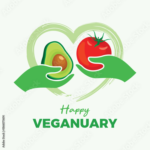 Veganuary annual challenge poster vector illustration. Hand giving avocado and tomato icon. Vegan food design. Template for background, banner, card