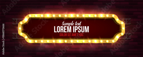 Shining retro billboard on brick wall background. Vintage bright sign board for your design. Vector illustration.