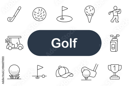 Golf set icon. Club, ball, hole, flag, cap, cart, trophy, bag, player, swing, sport, grass, game, outdoor, green, course, putt, drive, accuracy, leisure