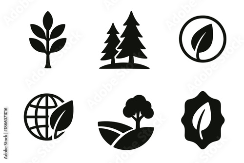 Eco-friendly icon set featuring trees, leaves, and globe symbols