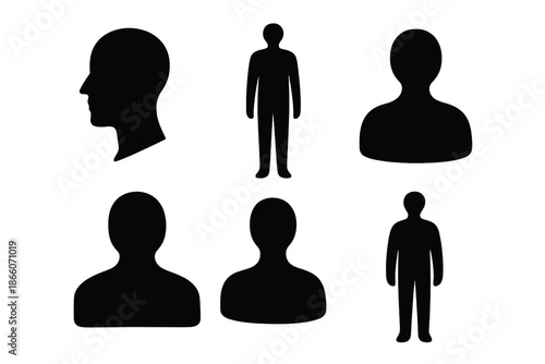 Silhouette collection of human figures and profiles on white background