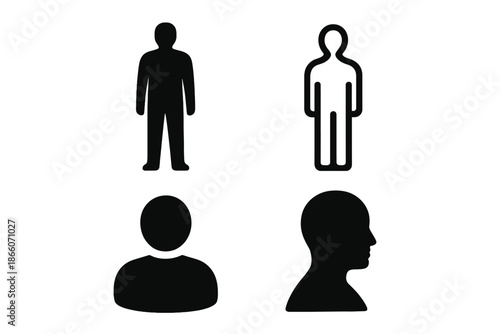 Set of four black silhouette icons of human figures in various poses