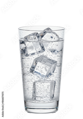 pristine highball glass filled with effervescent tonic water and jagged artisanal ice, intense macro focus on bubbles and texture, isolated against a brilliant white background, concept for beverage
