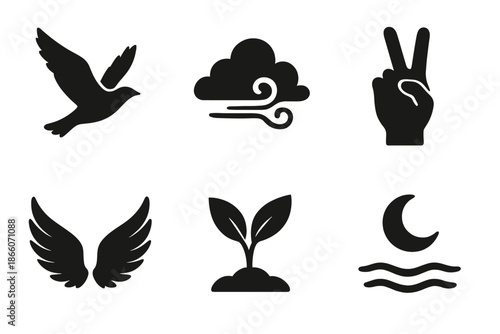 Collection of nature and peace icons featuring bird, wind, hand, wings, plant, and moon