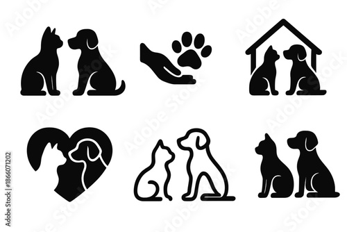 Pet silhouette icons: cats, dogs, paws, shelter, heart