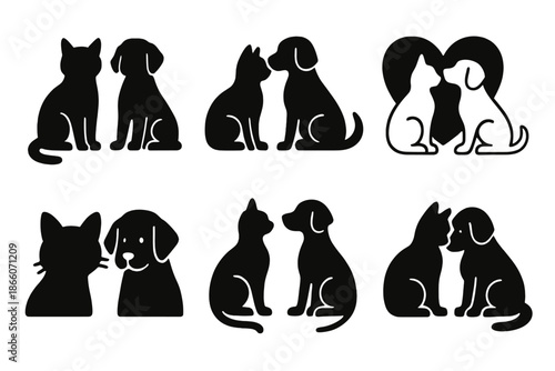 Silhouette of cats and dogs in various poses