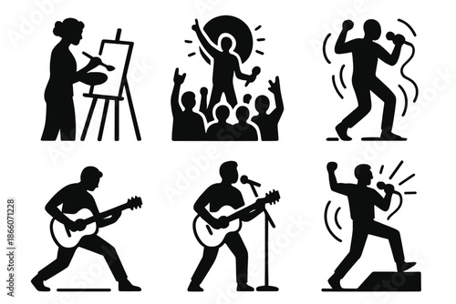Black silhouettes of artists and musicians in action