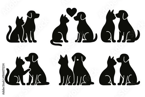 Silhouette companions: cats and dogs in playful poses and heart symbol