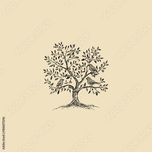 Vintage hand drawn engraving of a tree of life with birds perched on branches.