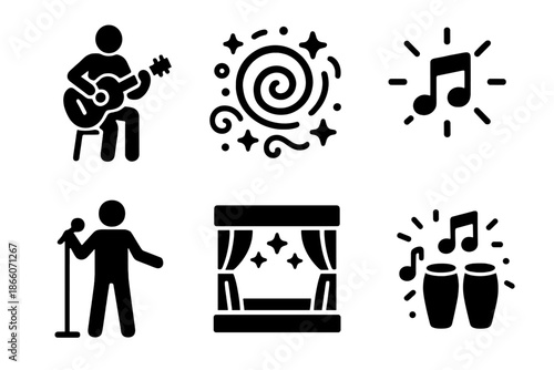 Musical icons: guitarist, spiral art, melody, singer, theater, drums