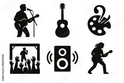Silhouette icons: musician guitarist concert art palette speaker