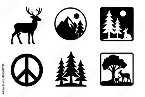 Nature icons: wildlife, mountains, forests, peace, trees, deer silhouettes