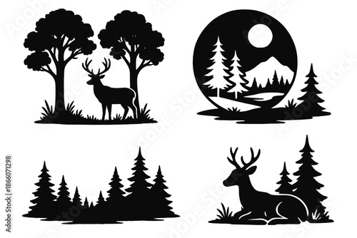 Deer silhouettes in forest landscapes with trees and mountains