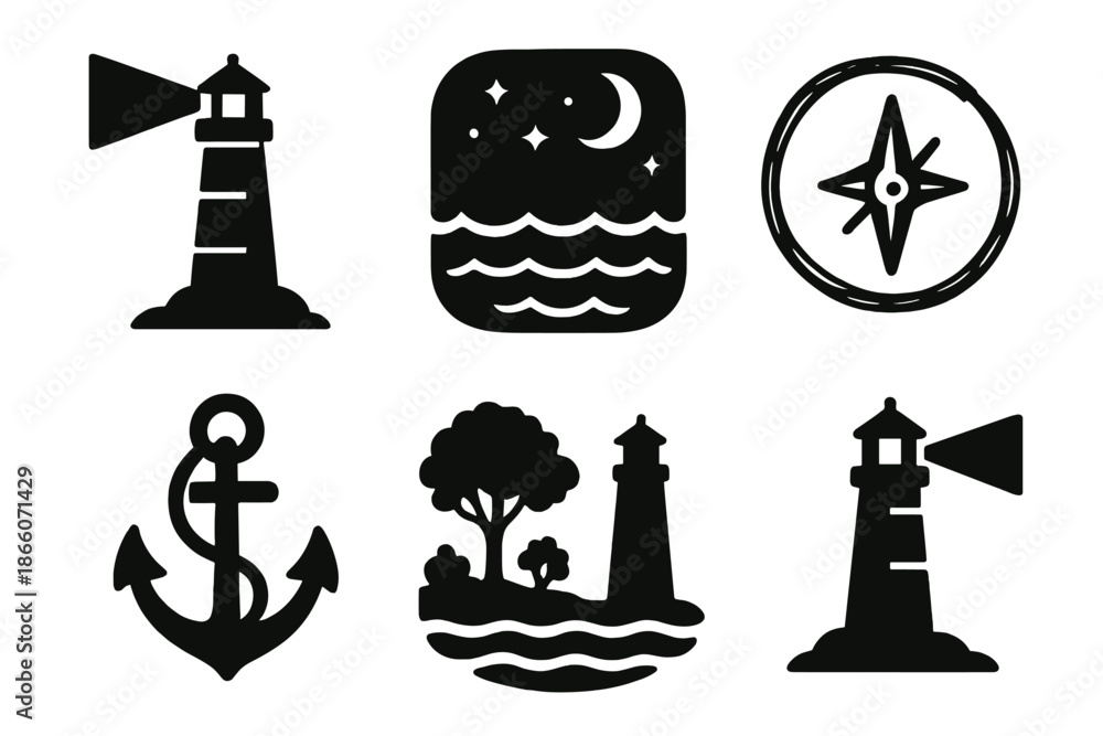 Naklejka premium Nautical icons: lighthouse, anchor, compass, moon, sea, tree