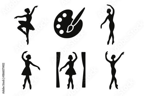 Silhouette ballet dancers and art palette