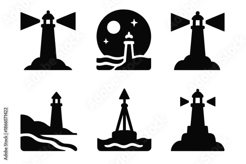 Silhouettes of lighthouses and buoy at night with moon and stars