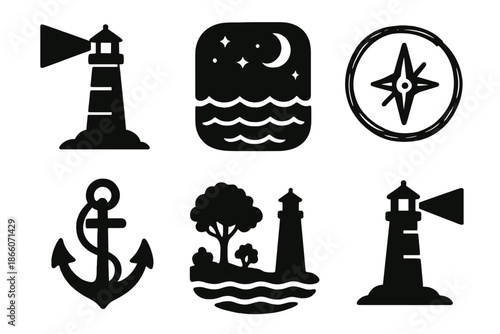 Nautical icons: lighthouse, anchor, compass, moon, sea, tree