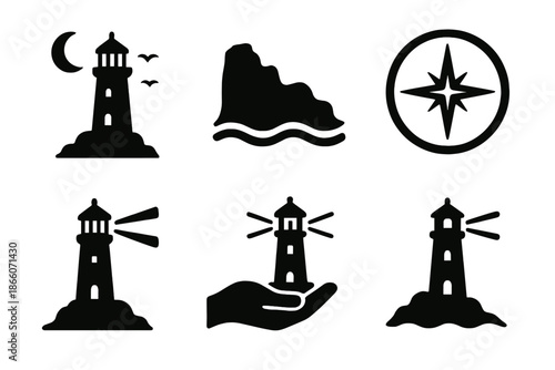 Set of nautical icons: lighthouse, waves, and compass rose