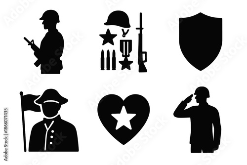 Military icons set: soldiers, weapons, and symbols in silhouette style