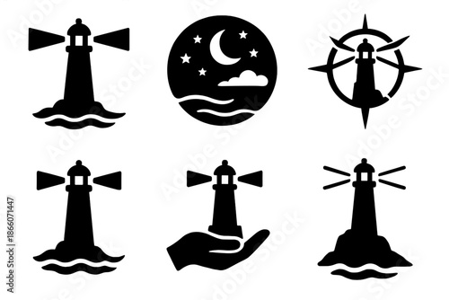 Collection of lighthouse icons featuring nautical and nighttime themes