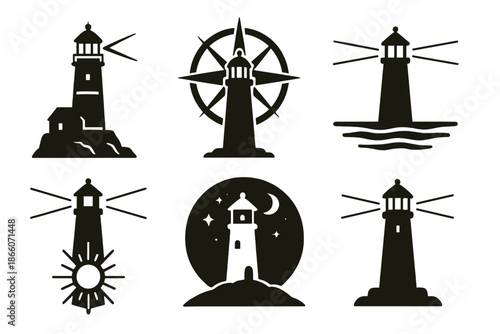 Silhouette collection of six unique lighthouse designs