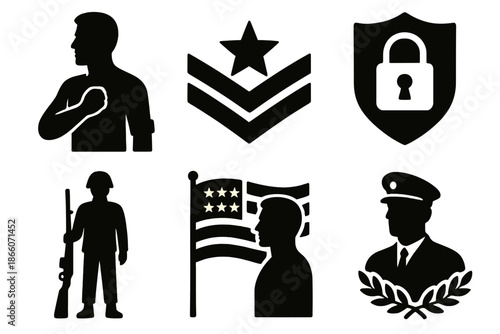 Military symbols and silhouettes featuring soldiers, ranks, flags, and security emblems
