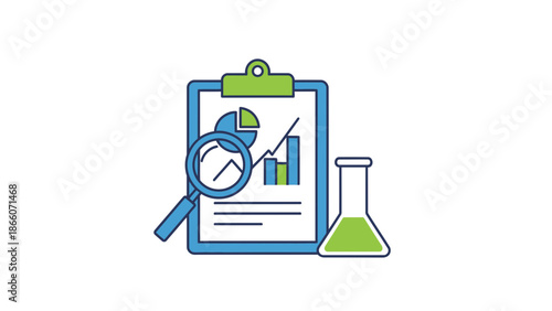 Business analysis with charts, magnifying glass, and lab flask