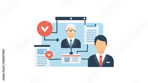 Business flowchart illustrating team management and workflow with personnel icons