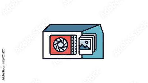 Computer graphics card with cooling fan and photos, digital art icon