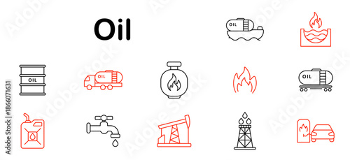 Oil set icon. Barrel, flame, tanker, rig, fuel, gas, tap, pipeline, fire, platform, station, truck, valve, transport, extraction, liquid.