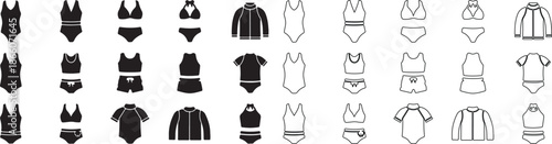 Modern Set of Swimwear and Beachwear Icons. Black Filled and Line Art Outline Vector Collection. isolated PNG with Transparent Background