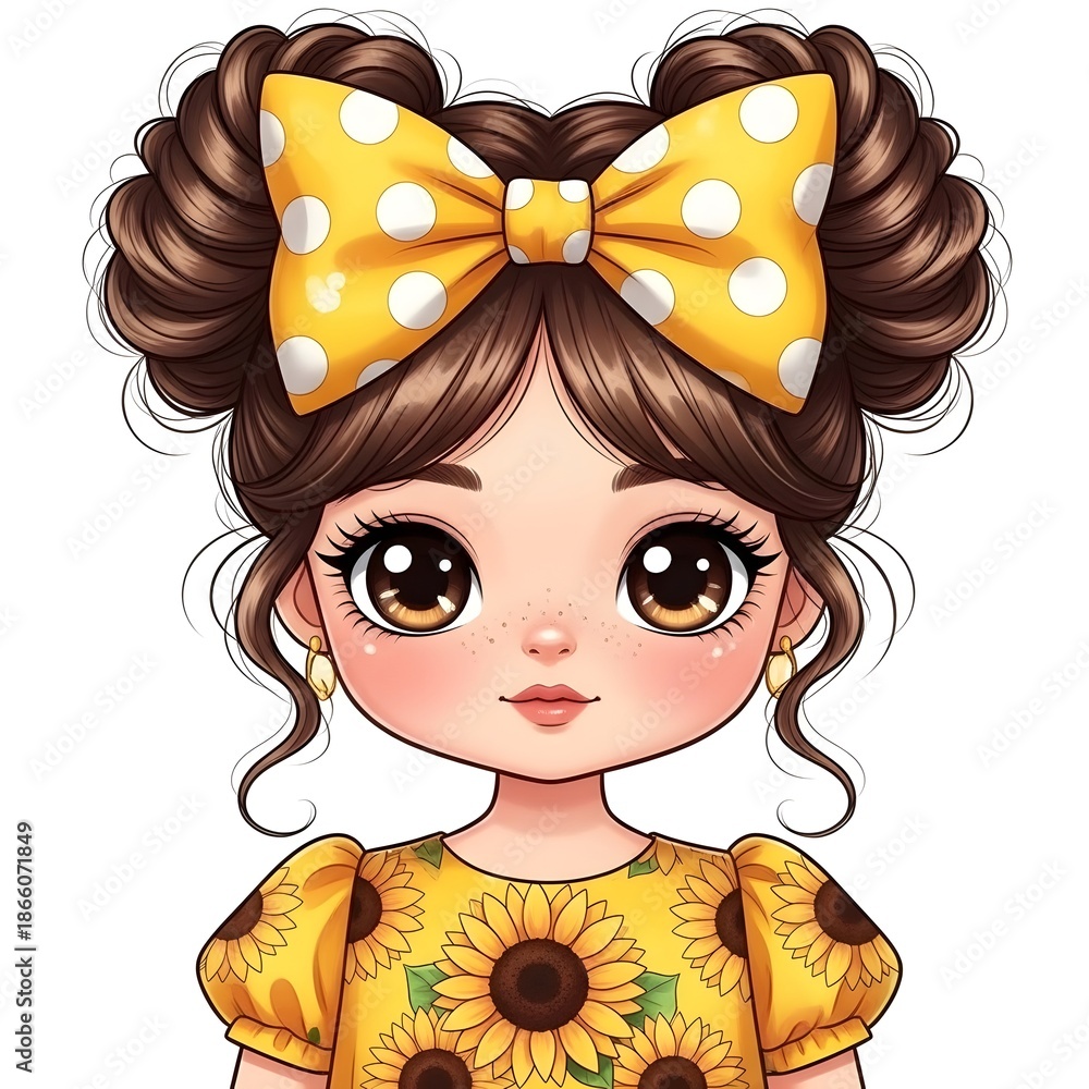 Fototapeta premium Young girl with sunflower bow and dress