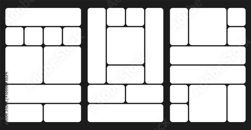 Bento grid abstract layouts with geometric tiles and rounded corners. Modern modular UI design panels, trendy web interface templates, collage frames and infographics. Vector illustration.