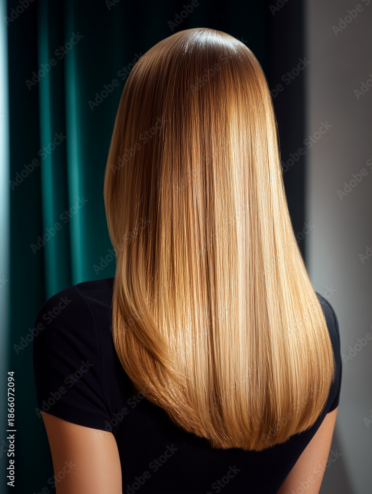 Naklejka premium Back view of woman with long straight blonde hair, smooth and glossy texture, healthy shine and natural color, minimalist studio portrait, haircare, beauty and fashion concept