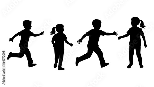 Children running silhouettes set. Group of little boys and girls playing tag, racing, and chasing each other. Black vector illustration isolated on white.
