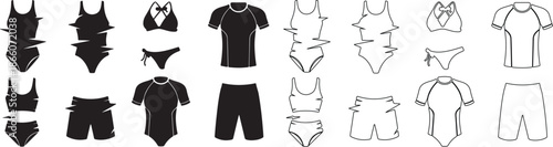 Black and Outline Swimwear Icons Set. Modern Swimsuit, Bikini, and Rash Guard Vector Collection. isolated PNG with Transparent Background