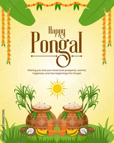 Beautiful Pongal festival wish design featuring traditional elements like a decorated clay pot with Pongal boiling over, sugarcane, kolam patterns, and warm festive colors.