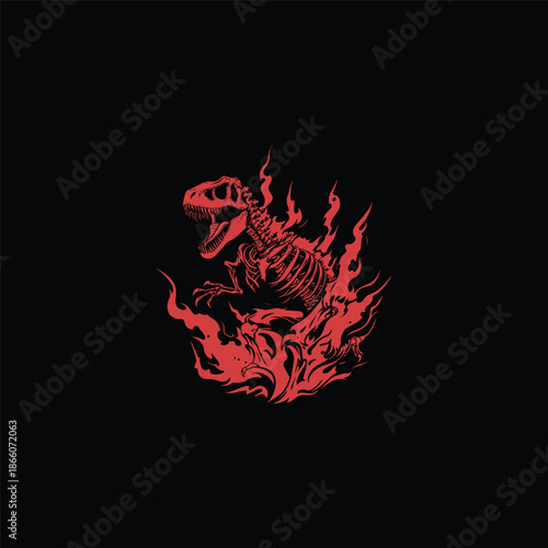 Vintage engraving of a Tyrannosaurus Rex dinosaur skeleton emerging from mystical flames.