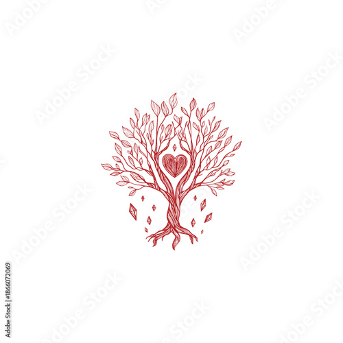 Vintage hand drawn engraving of a mystical tree of life with a heart symbol